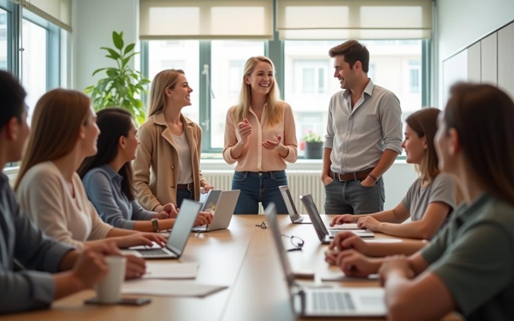 Grupo diverso de estudiantes felices y profesores interactuando en un aula moderna