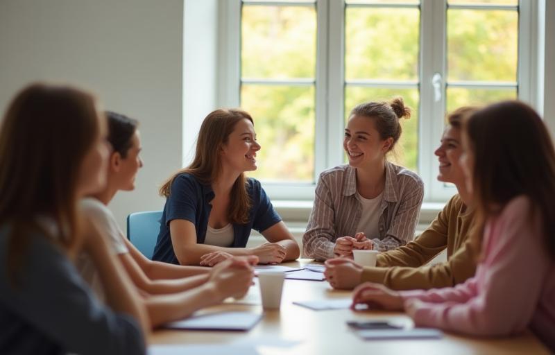 Grupo de estudiantes de diferentes edades interactuando activamente en una clase de inglés, con un profesor que facilita el diálogo. El ambiente es moderno y colaborativo.