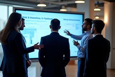 Profesionales en una reunión de negocios global con gráficos en una pantalla, simbolizando inglés de negocios.