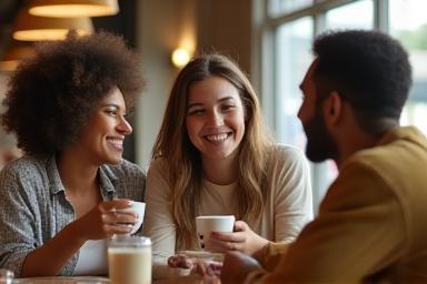 Grupo de personas riendo y conversando animadamente en una cafetería, simbolizando clases de conversación.