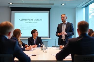 Equipo corporativo participando en un taller de capacitación, con un instructor guiándolos.