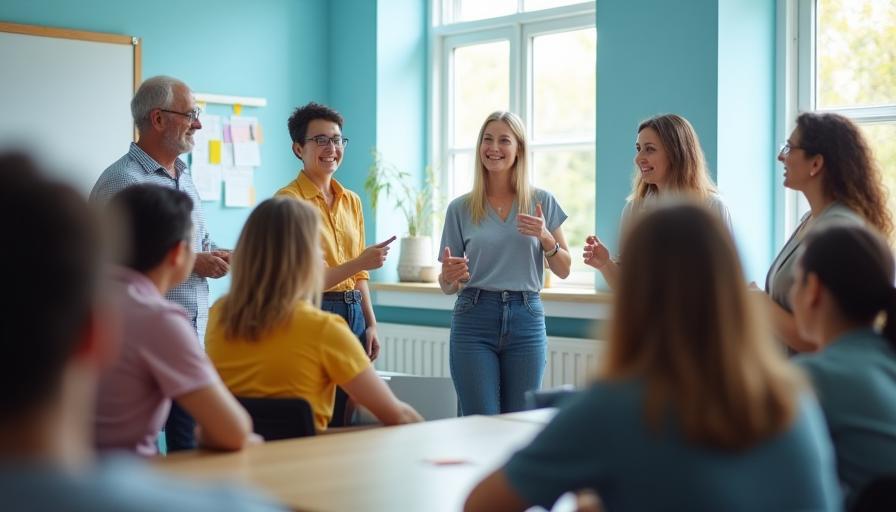 Grupo de estudiantes de inglés interactuando dinámicamente en un aula moderna, con un profesor que los guía.