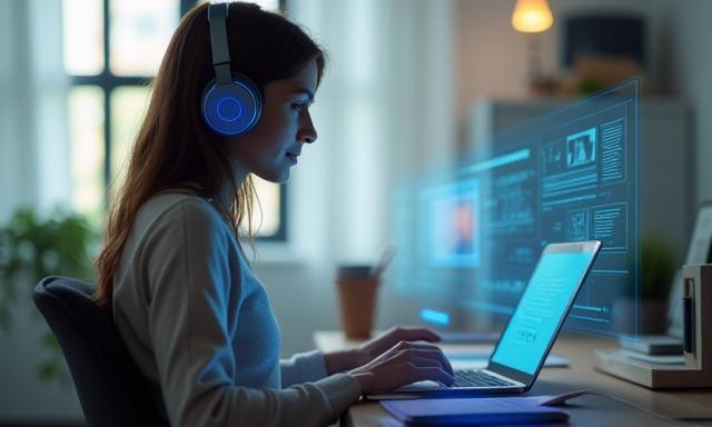 Persona con auriculares y laptop participando en una clase de inglés online desde casa.